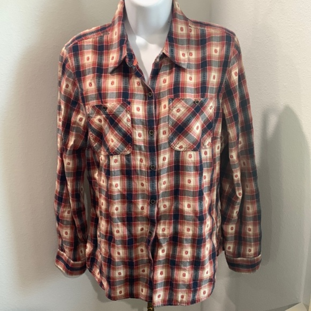 DressBarn Women's Red White Blue Plaid Long Sleeve Button‎ Up Shirt,  L